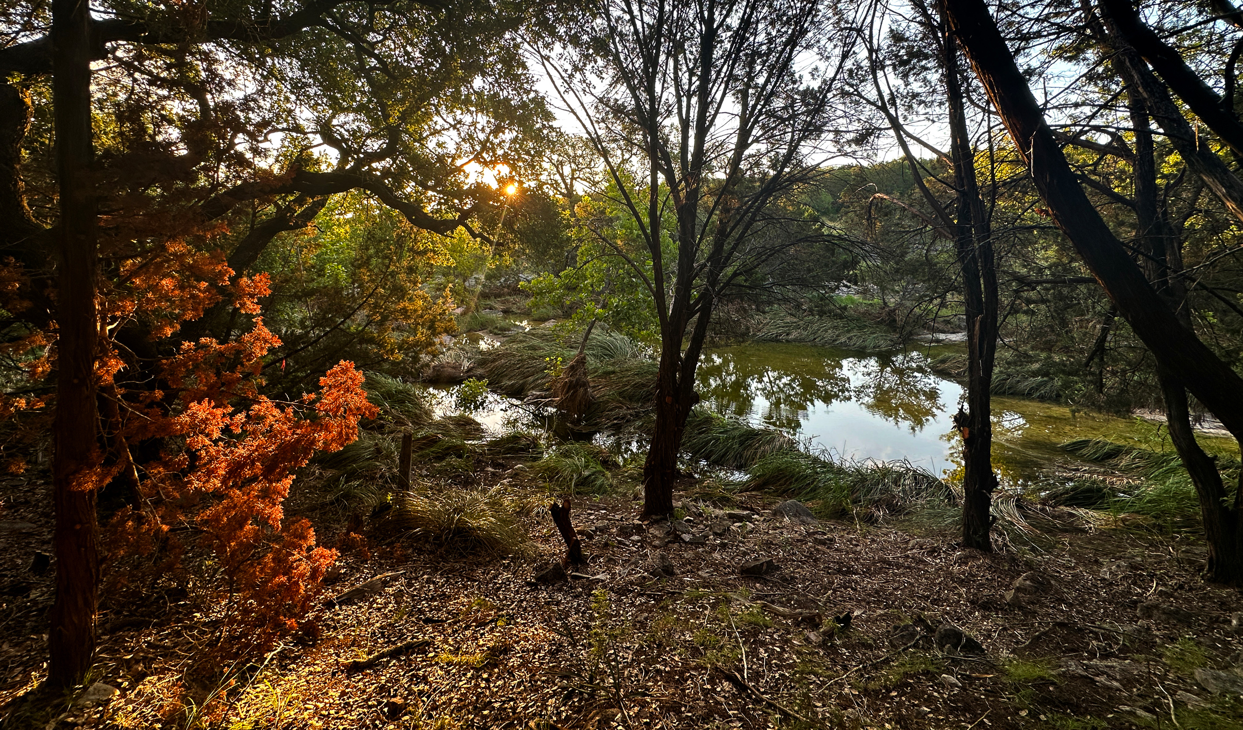 Sunrise along Slick Rock Creek in Horseshoe Bay, Texas, featuring wooded creek banks, reflections on calm water, and scenic Hill Country landscape photography opportunities.